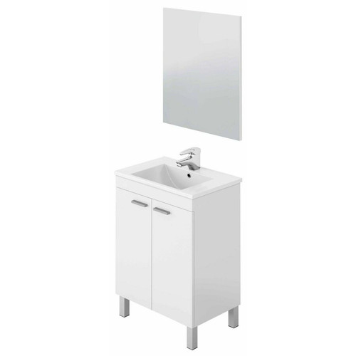 meuble bas salle de bain Pegane Meuble salle de bain Sous-vasque 60 cm avec 2 portes + Miroir coloris blanc brillant - H80 x Longueur 60 x Profondeur 45 cm