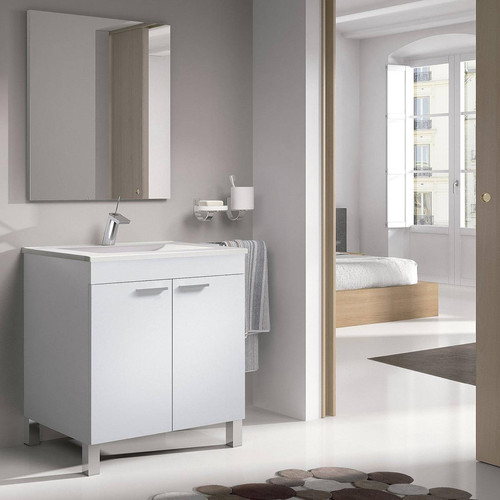 Pegane Meuble salle de bain Sous-vasque 60 cm avec 2 portes + Miroir coloris blanc brillant - H80 x Longueur 60 x Profondeur 45 cm