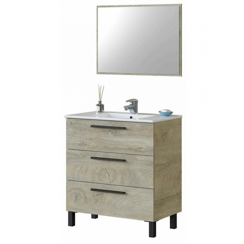 Pegane - Meuble salle de bain sous vasque avec 3 Tiroirs + 1 Miroir coloris Alaska chêne - Longueur 80 x Profondeur 45 x Hauteur 86 cm Pegane  - meuble bas salle de bain Beige