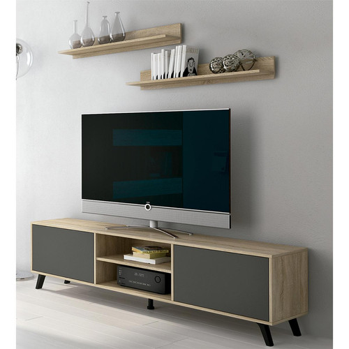 Meubles TV, Hi-Fi Pegane Set salon meuble TV et 2 étagères murales coloris chêne cambrian/graphite - Longueur 180 x Profondeur 39,6 x Hauteur 49 cm