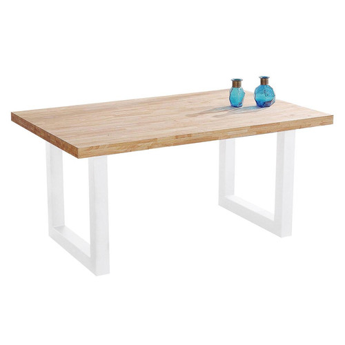 Pegane - Table à manger en bois coloris chêne nordique / pieds blanc - Longueur 160 x profondeur 100 x hauteur 75 cm - Tables à manger
