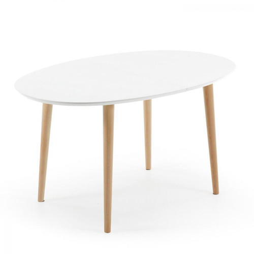 Pegane - Table à manger extensible ovale en MDF laqué blanc et pieds en bois hêtre - longueur 140/220 x profondeur 90 x hauteur 74 cm Pegane - Table à manger extensible Tables à manger