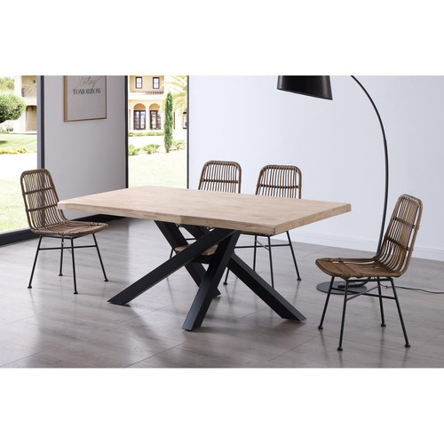 Pegane Table à manger rectangulaire en bois de chêne avec pieds en métal noir - Longueur 180 x Profondeur 100 x Hauteur 76 cm