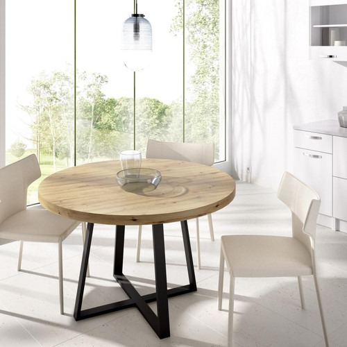 Tables à manger Table à manger ronde en bois coloris chêne nordique avec pieds en métal graphite - Diamètre 120 x Hauteur 76.8 cm