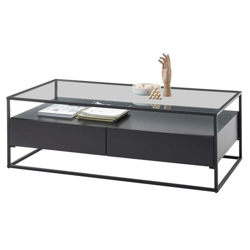 Pegane - Table basse avec rangements en bois et métal coloris noir mat - L.120 x H.40 x P.60 cm Pegane  - Maison Gris