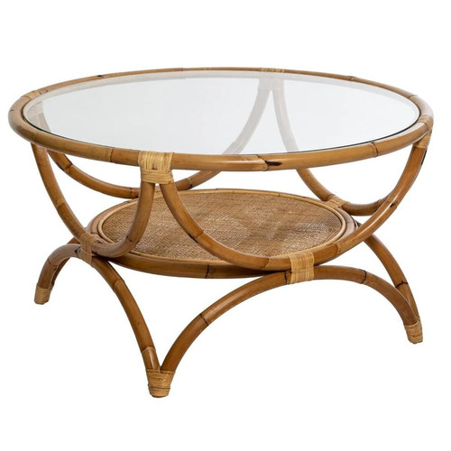 Pegane - Table basse avec rangements en rotin et verre trempé - Diamètre 90 x Hauteur 51 cm Pegane  - Table basse en verre Tables basses