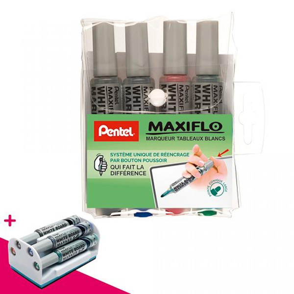 Pentel Marqueur effaçable Pentel Maxiflo corps plastique pointe conique 2 à 6 mm rétractable - Pochette de 4