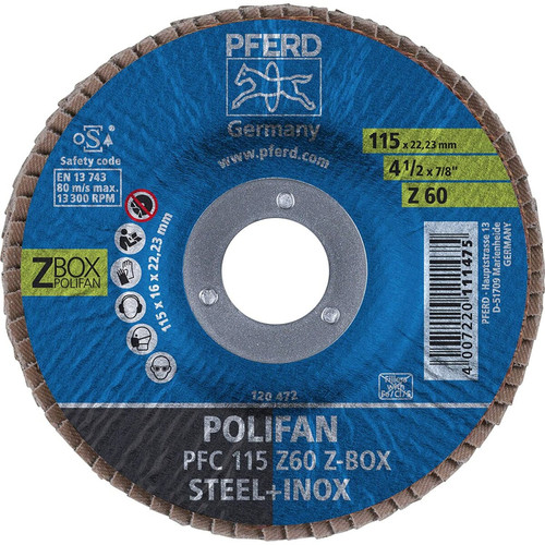 Pferd - Pferd Polifan-Z-BOX - 10 x disques à lamelles 115 mm, Z60, alésage 22,23 mm, 69300937 - pour une performance de coupe élevée et une longue durée de vie sur acier et acier inoxydable (INOX) Pferd  - Accessoires meulage