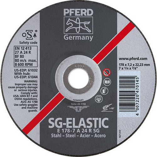 Pferd - Disque à ébarber SG-ELASTIC pour l'usinage de l'acier, Ø x Épais. : 125 x 4,1 mm, Modèle Coudé, Vitesse maxi. 12200 tr/mn Pferd  - Scier & Meuler
