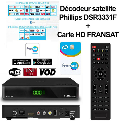 Adaptateur TNT Philips Récepteur Décodeur TV satellite DSR3331F Connect TNT HD DVB-S2 STB, VOD, WIFI intégré - Noir + carte abonnement HD FRANSAT