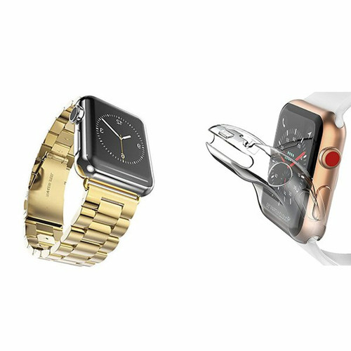 Phonecare - Kit Bracelet Acier Stainless Lux + Outil + Coque 360° Impact Protection pour Apple Watch Series 9 Aluminum - 41mm - Or Phonecare  - Objets connectés