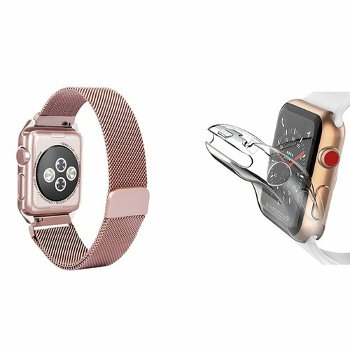Phonecare - Kit Bracelet Milanese Loop Fermoir Magnétique + Coque 360° Impact Protection pour Apple Watch Series 9 - 45mm - Rose Phonecare  - Objets connectés