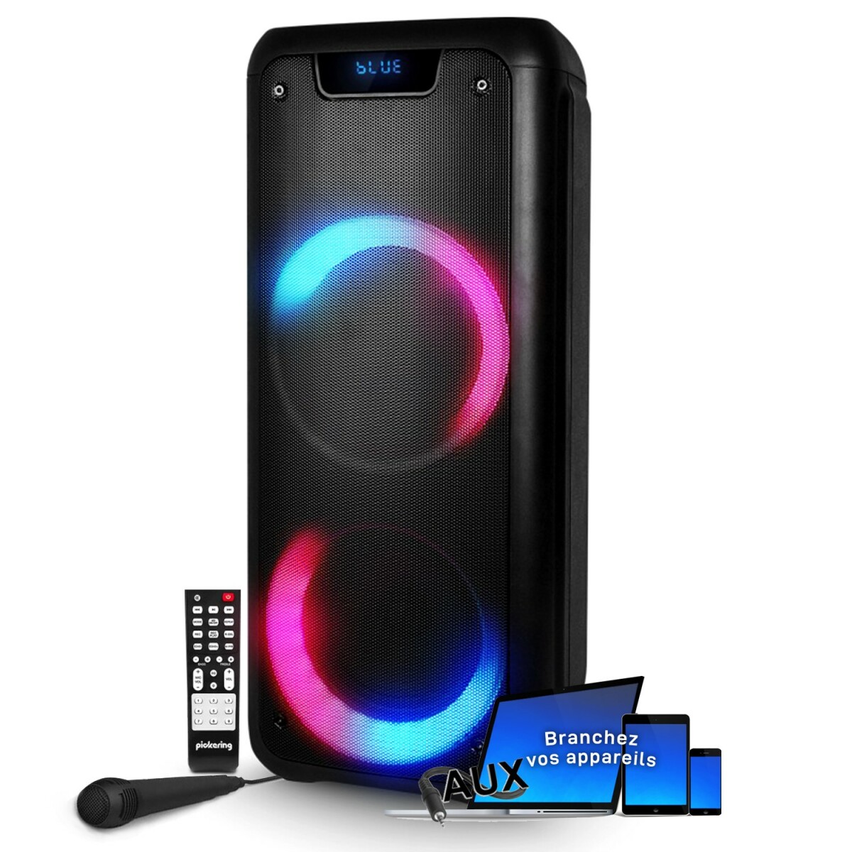 Enceinte Sonorisation DJ Autonome DJOON sur Batterie 300 Watts, USB SD Bluetooth, Branchement PC Smartphone, 2 Boomers à LED RVB