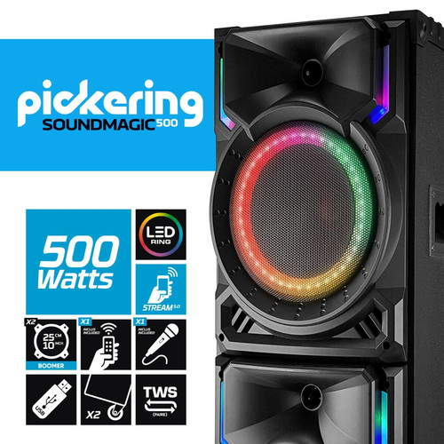 Pickering Enceinte Active High Power Pickering SOUNDMAGIC500 Anneaux lumineux LED, 500W, USB Bluetooth TWS, Micro, télécommande, Roulettes