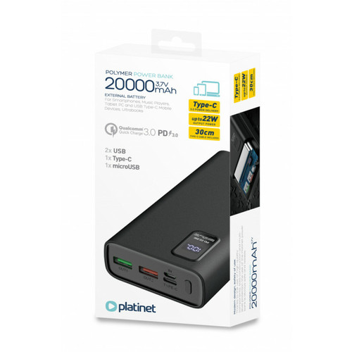 Connectique et chargeur pour tablette Platinet Batterie de Secours 20000mAh PD avec Affichage LED et Technologie Quick Charge Noir