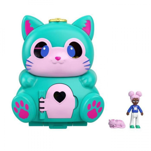 Polly Pocket - Polly Pocket - Coffret transformable Chat, avec mini-poupée, figurine de chat et surprises - Mini-Poupée - Des 4 ans - Poupées