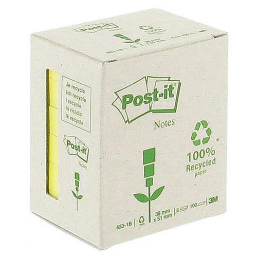 Post-It - Notes repositionnables jaunes recyclées Post-It 38 x 51 mm - en tour distributrice - bloc de 100 feuilles - Lot de 6 Post-It  - Post-It