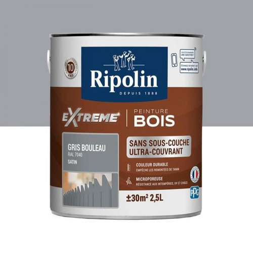 Ripolin - RIPOLIN Peinture pour pour Bois Interieur + Exterieur - Gris Bouleau Ral 7040 Satin, 2,5L - Ripolin