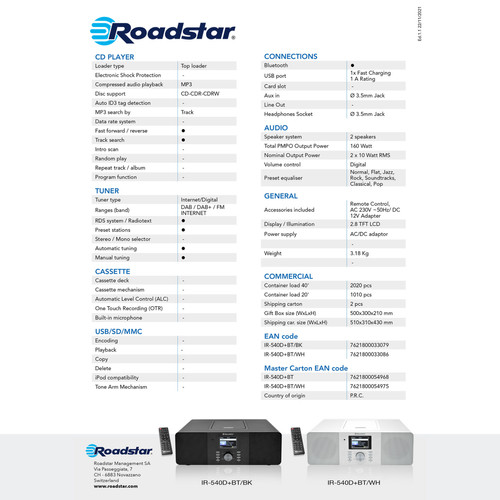Roadstar Micro-chaîne Radio Internet Wi-Fi et Numérique DAB+/ FM, Lecteur CD-MP3 Bluetoot, , Blanc, Roadstar, IR-540D+BTWH