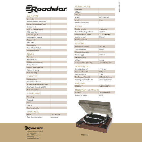 Roadstar Platine Vinyle, 33/45/78rpm, Haut-Parleurs Intégrés, Sortie Audio RCA,AUX IN, , Bois, Roadstar, TT-260SPK