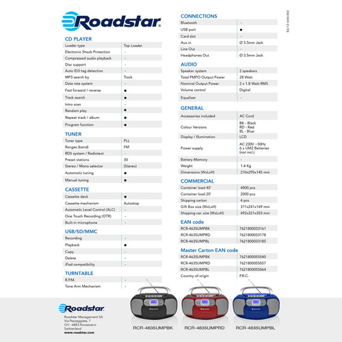 Roadstar Radio CD Cassette Portable Numerique PLL FM, Lecteur CD-MP3, USB, AUX-IN, , Bleu, Roadstar, RCR-4635UMPBL
