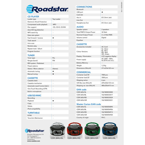 Roadstar Radio CD Portable Numerique FM PLL, Lecteur CD, CD-R, CD-RW, MP3, USB, Stereo, , Noir/Rouge, Roadstar, CDR-365U/RD