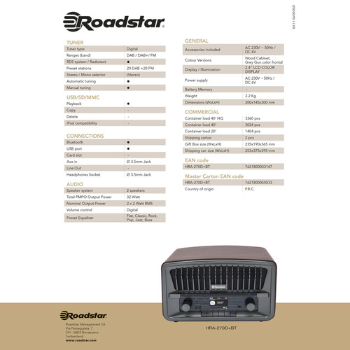 Roadstar Radio Numérique Portable Vintage DAB+/FM Bluetooth USB, Stéréo, Double Réveil, , Bois, Roadstar, HRA-270D+BT