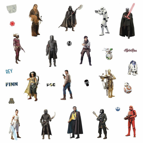 Roommates - 28 Stickers Star Wars - modèle L'Ascension de Skywalker avec Rey, Poe, Finn et Kylo Ren - Décoration chambre enfant Au choix sans choix de couleur le sticker sera envoye en noir