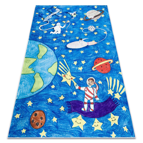 RUGSX - Tapis lavable BAMBINO 2265 Fusée spatiale pour les enfants antidérapant - bleu 80x150 cm RUGSX  - Tapis 80x150