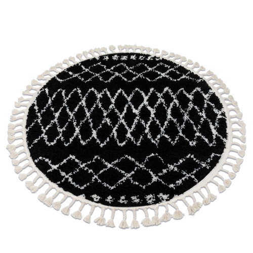 Tapis RUGSX Tapis BERBER ETHNIC G3802 cercle noir et blanc Franges berbère marocain shaggy cercle 160 cm