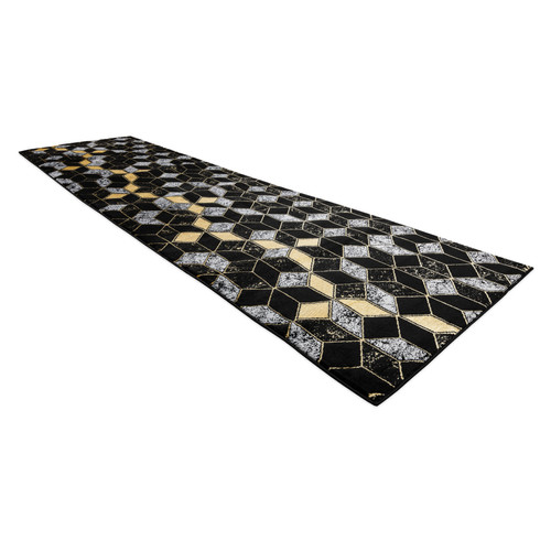 Tapis Tapis, le tapis de couloir GLOSS moderne 400B 86 élégant, glamour, art deco, 3D géométrique noir   or 60x250 cm