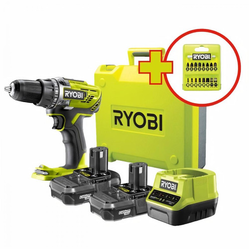 Ryobi - RYOBI Perceuse-visseuse sans fil 18V ONE+ R18DD3-220TA17 - 2 batteries de 2Ah - une boite a outils  - un coffret 17 accessoires - Perceuses, visseuses sans fil