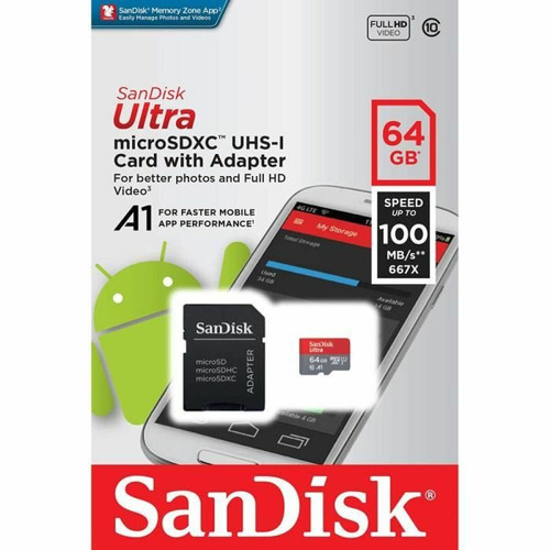 Carte SD Carte Mémoire microSDXC SanDisk Ultra 64GB + Adaptateur SD. Vitesse de Lecture Allant jusqu'à 100MB/S, Classe 10, U1, homologuée A1