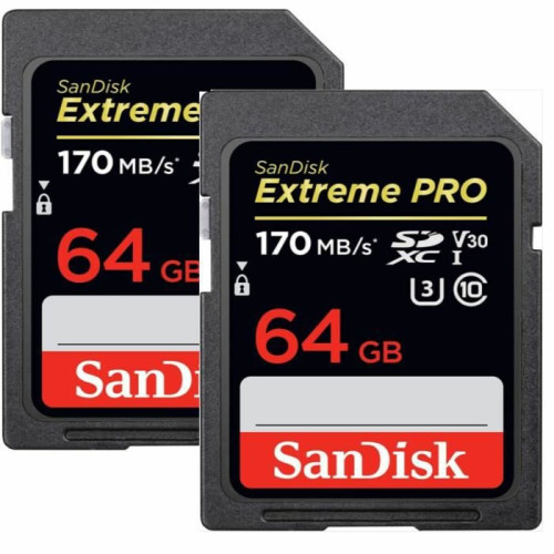 Carte SD Sandisk Paquet De Deux Carte mémoire SDXC SanDisk Extreme PRO 64 Go jusqu'à 200 Mo/s, UHS-I, Classe 10, U3, V30 - 2PCS/PACK
