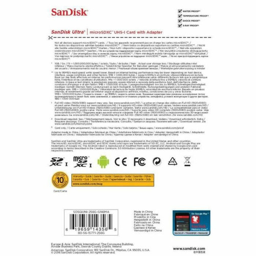 Carte SD SanDisk Ultra MicroSDXC 256 Go Classe 10 Carte Mémoire pour Android jusqu'à 95 Mo/s + Adaptateur SD