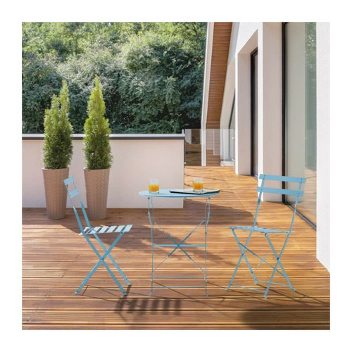Sans Marque - Ensemble de jardin bistrot 2 personnes - Table ronde 60 cm avec 2 chaises - Acier  thermolaque - Bleu Sans Marque  - Table ronde acier jardin