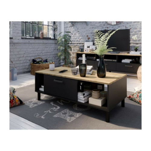 Sans Marque - Ensemble Meuble TV+Table basse OXFORD - Style industriel - Mélaminé chene noir - Table Basse: L110xP55xH40 - Meuble Tv: L159xP - Mobilier Maison