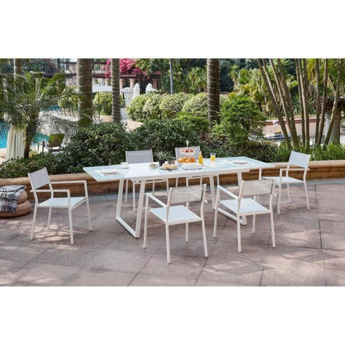 Sans Marque - Ensemble repas de jardin - table extensible 160-240 cm et 6 fauteuils - Structure aluminium - Blanc - Ensembles tables et chaises