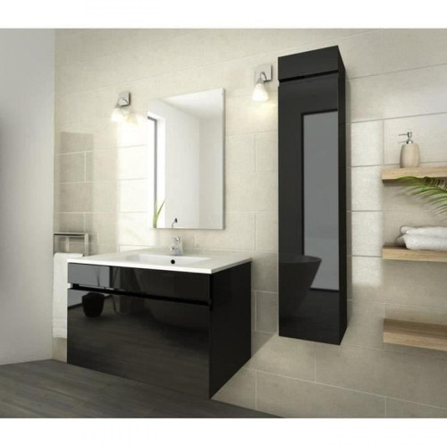 Sans Marque - LUNA Ensemble salle de bain simple vasque L 80 cm - Noir verni - Meubles de salle de bain