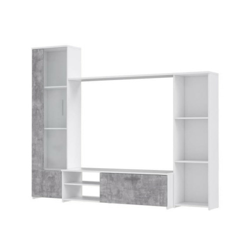 Sans Marque - PILVI  Meuble TV - Blanc mat et beton gris clair - L 220,4 x P41,3 x H177,5 cm Sans Marque  - Meuble blanc laqué Salon, salle à manger