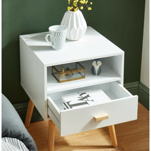 Chevet ULYS Table de chevet 1 tiroir et niche de rangement - Decor Blanc - L 40 x P 39,5 x H 50 cm