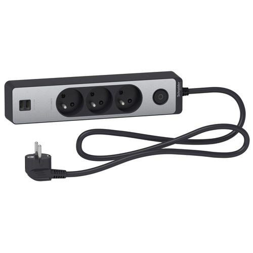 Schneider Electric - Bloc multiprises 3 Prises 2P+T et 2 USB (câble 1,5m) Noir et Aluminium - Schneider Schneider Electric  - Prise usb