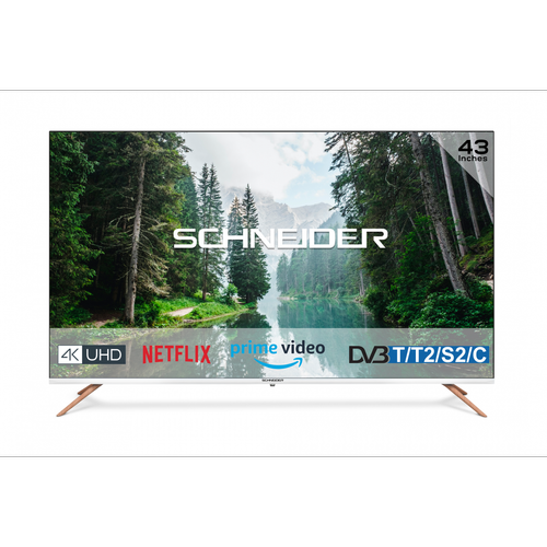 Schneider - SC43S1FJORD - Téléviseur Led 4K - 109 cm - Smart TV - 3 HDMI - 2 USB - Ecran sans bord - Pied effet bois - Blanc - TV 40'' à 43'' Smart tv