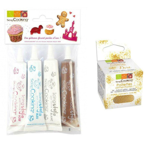 Scrapcooking - 4 stylos de glaçage blanc, rose, bleu, chocolat + paillettes dorées Scrapcooking  - Kits créatifs