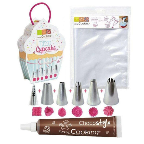 Scrapcooking - 6 douilles et 6 poches à douilles jetables pour Cupcakes + 1 Stylo chocolat Scrapcooking  - Kits créatifs