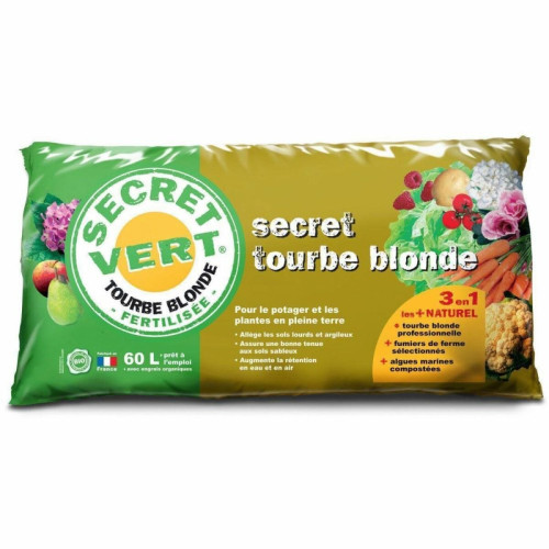 Secret Vert - Tourbe blonde potager et plantes en pleine terre 60 litres. Secret Vert  - Jardinerie