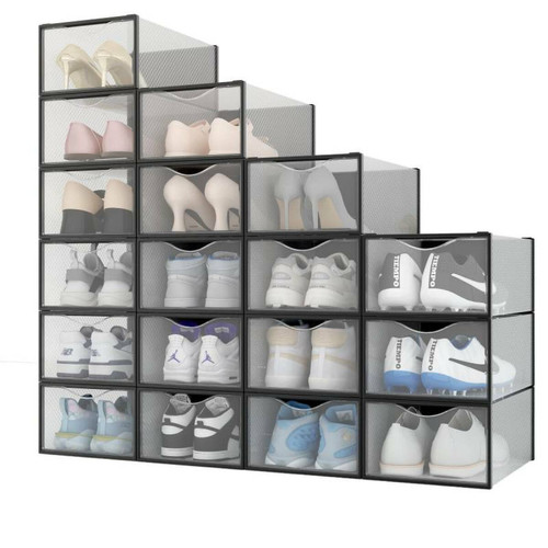 Secury-T - Lot de 18 Boîtes à Chaussures/Rangement Transparentes Noires Empilables en Plastique 33.4x23x14.5cm Secury-T  - Rangements à chaussures