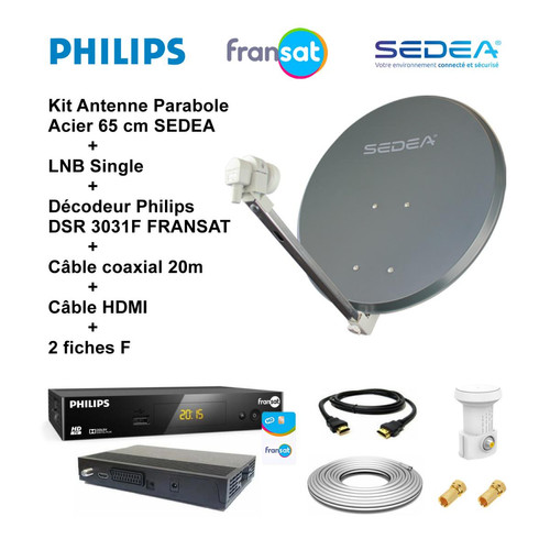 Sedea - Kit Antenne Parabole Acier 65 cm 36,5 dB Anthracite SEDEA + LNB Single 0,1 dB Full HD 4K Ultra HD + Décodeur Philips DSR 3031F FRANSAT + Câble coaxial 20m + Câble HDMI + 2 fiches F - Sedea