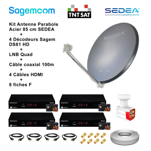 Sedea - Kit Antenne Parabole Acier 85 cm 38,2 dB Anthracite SEDEA + LNB Quad 0,1 dB Full HD 4K Ultra HD + 4 Décodeurs Sagem DS81 HD TNTSAT + Câble coaxial 100m + 4 Câbles HDMI + 8 Fiches F - Sedea