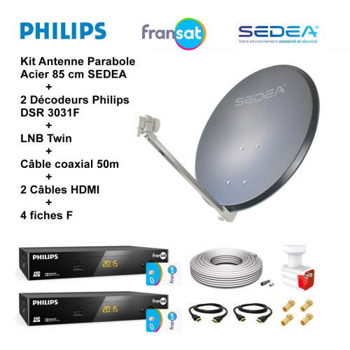 Sedea - Kit Antenne Parabole Acier 85 cm 38,2 dB Anthracite SEDEA + LNB Twin 0,1 dB Full HD 4K Ultra HD + 2 Décodeurs Philips DSR 3031F FRANSAT + Câble coaxial 50m + 2 Câbles HDMI + 4 Fiches F - Sedea